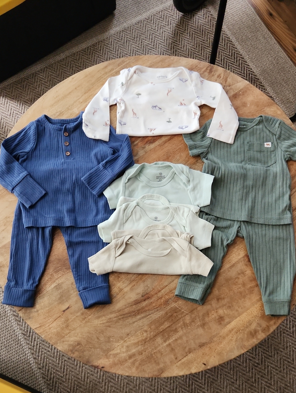 6-9 Months Baby Ribbed Lounge Sets and Bodysuits - Blue, Sage, Cream, White